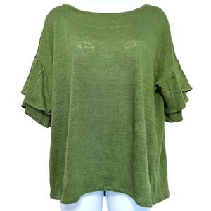 J Jill Love Linen Top Womens M Green Tiered Flutter Sleeve Blouse Boho Chic